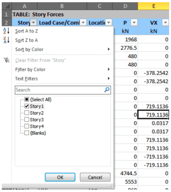 ETABS Story forces filter in Excel